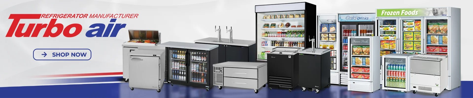 Turbo Air commercial refrigeration brand banner showcasing open display coolers and merchandisers stocked with bottled drinks and beverages.